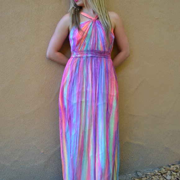 NEW silk halter long maxi dress painted rainbow pink 12 wedding party prom beach - Picture 2 of 13